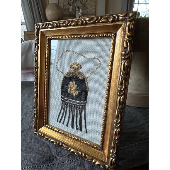 Framed needlepoint finished Counted Cross Stitch Vintage Purse Sandy Clough 6x7” - Picture 3 of 12